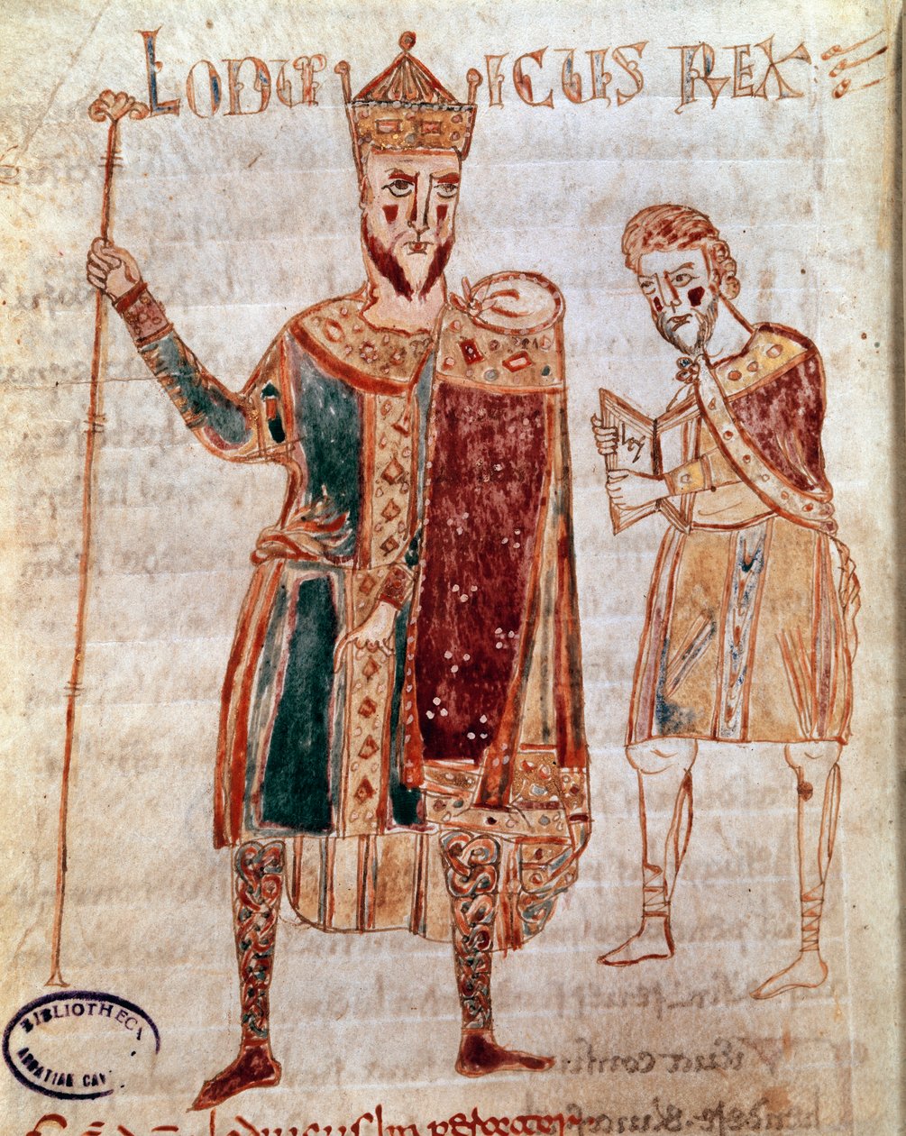 Ludvig I hurskaan (778-840), Ranskan kuninkaan muotokuva Käsikirjoitussivu (ms. 4) "Codex Legum Longobardorum" (tai Langobardorum), joka kuvaa kuningas Rotharin perustaman Lombard-valtakunnan lakeja tekijältä Italian School