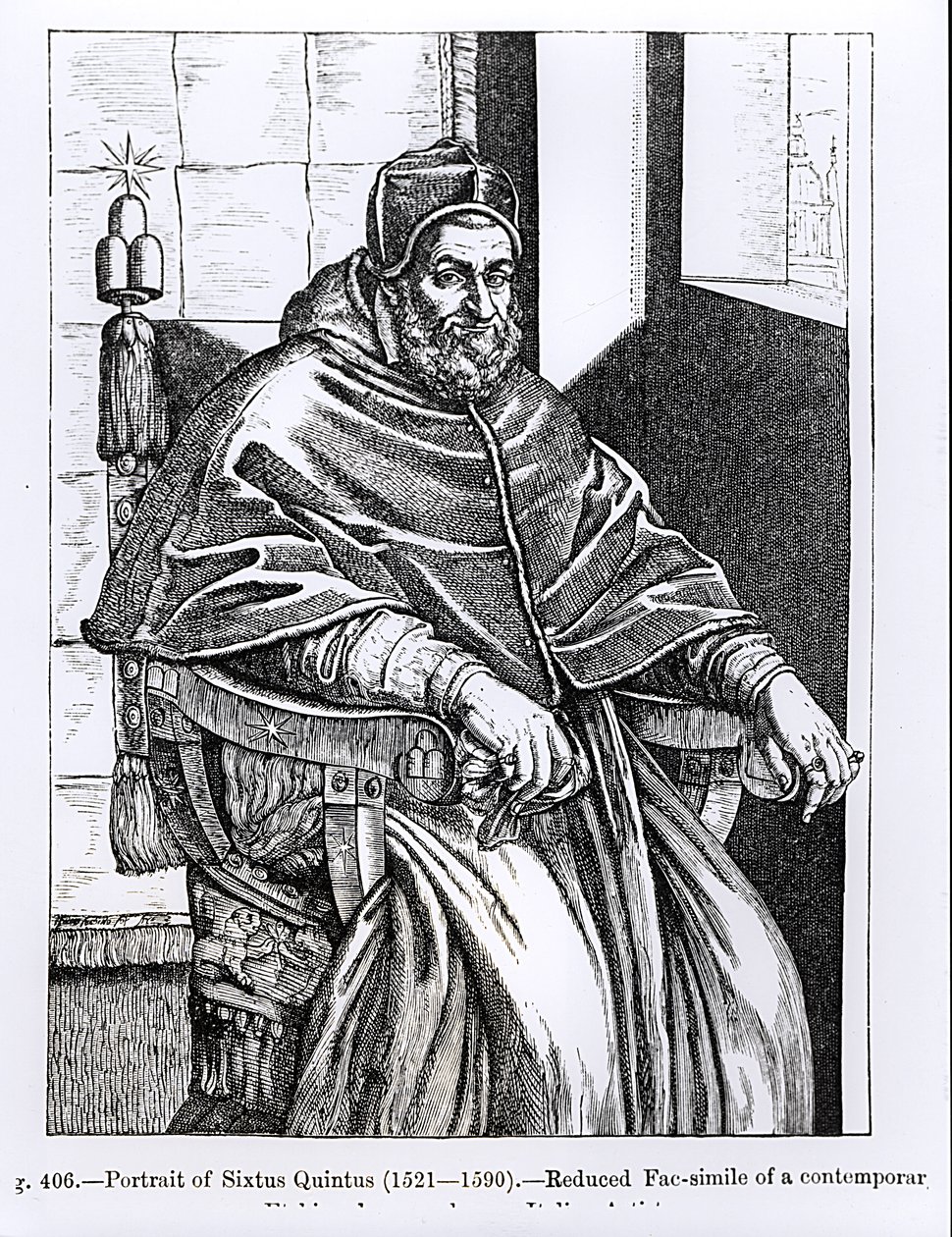 Paavi Sixtus V:n (1520-1590) muotokuva kuvitus teoksesta "Tiede ja kirjallisuus keskiajalla ja renessanssilla", kirjoittanut ja kaivertanut Paul Lacroix, 1878 tekijältä Italian School