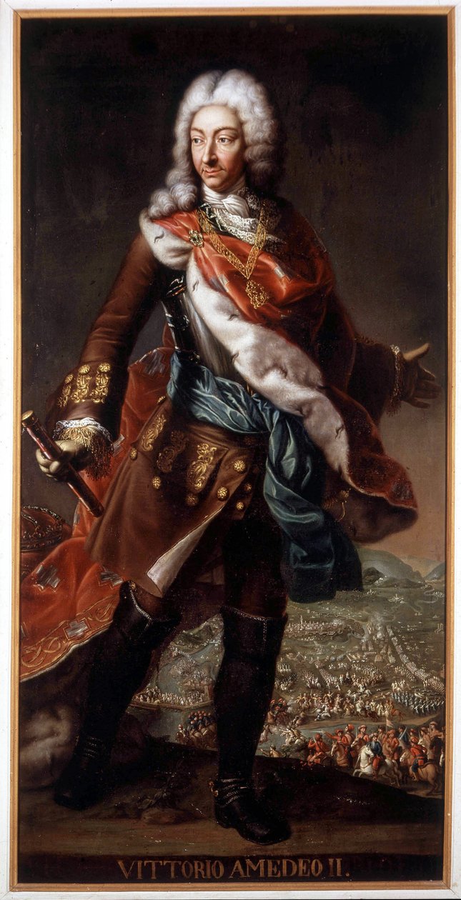 Muotokuva Vittorio Amedeo II di Savoiasta nimeltä Volpe Savoiarda (1666-1732) (Victor Amedee II tai Victor-Amedee), Savoian herttua ja Sisilian sitten Sardinian kuningas. Maalaus säilynyt A. Racconigin linnassa. tekijältä Italian School