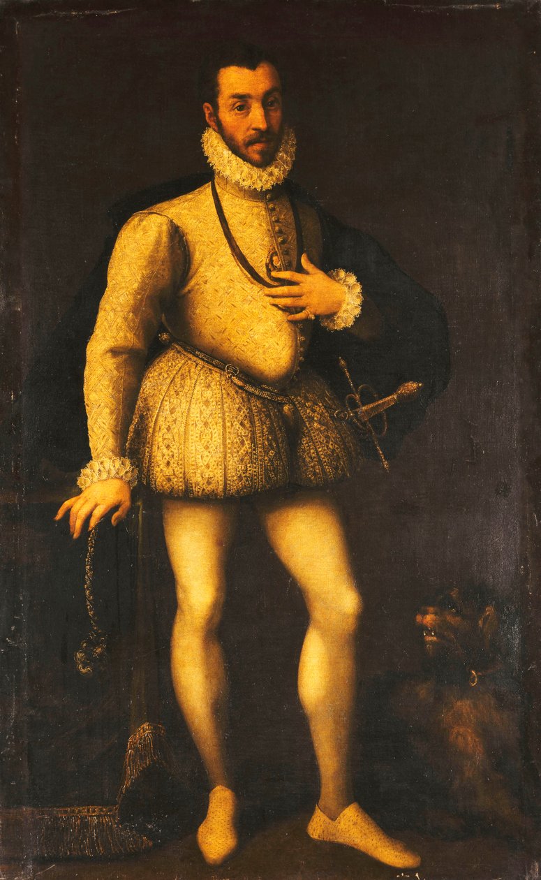 Muotokuva herrasmiehestä, täyspitkä, yllään kirjailtu valkoinen jerkin, viitta ja miekka, n. 1580 tekijältä Italian School