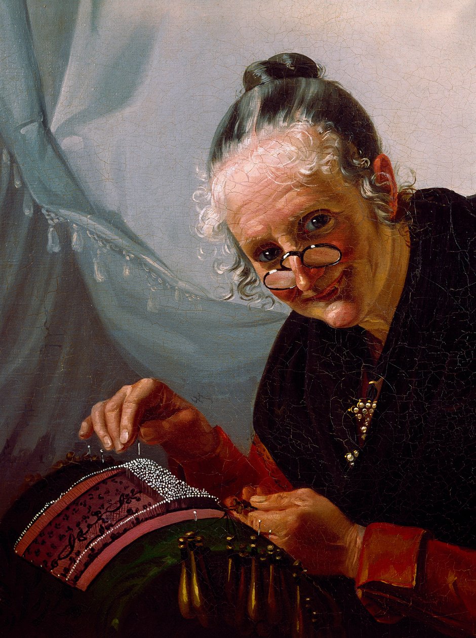 Pitsi muotokuva Vanha nainen hymyilee lorgnonien kanssa työnsä edessä. Venetsialaisen koulun maalaus. 1800-luvun Venetsia, Correr-museo tekijältä Italian School