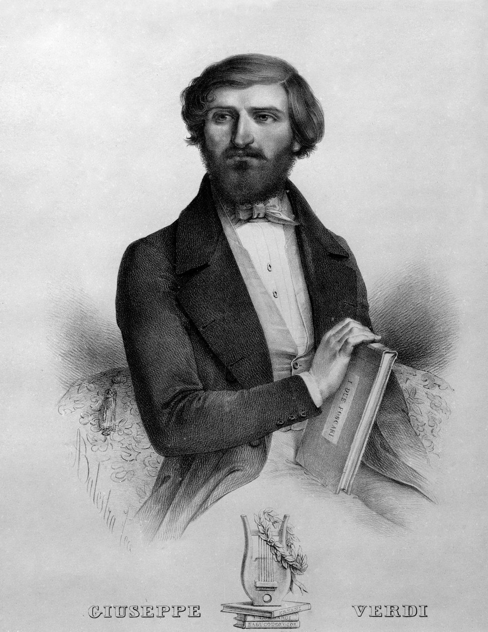 Italialaisen säveltäjän Giuseppe Verdin (1813 - 1901) muotokuva vuonna 1844 oopperan "I due foscari" partituurilla". tekijältä Italian School