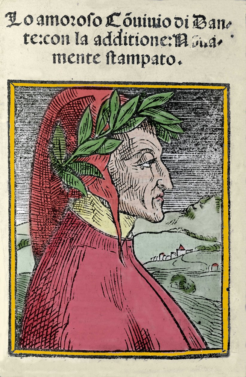 Italialaisen runoilijan Dante Alighierin (1265-1321) muotokuva. Kaiverrus. "" Il convivio "" -elokuva vuodelta 1554 tekijältä Italian School