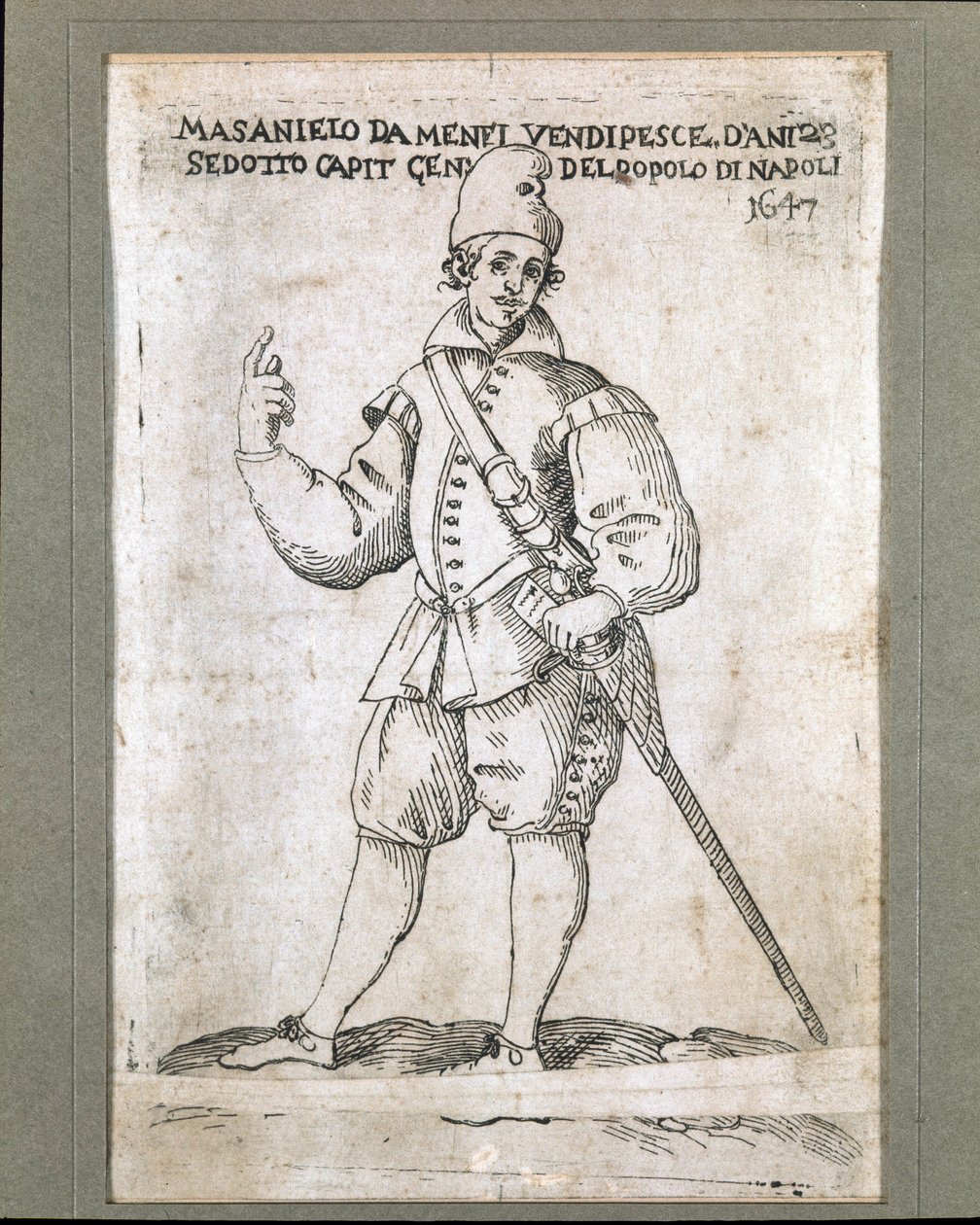Muotokuva napolilaisesta kalastajasta ja vallankumouksellisesta Masaniellosta (1623-1647) (Masaniellon, napolilaisen kalastajan ja Napolissa vuonna 1647 Habsburgien vallan vastaisen kapinan johtajan muotokuva) Kaiverrus 1600-luvun Museo Nazionale di San Ma tekijältä Italian School