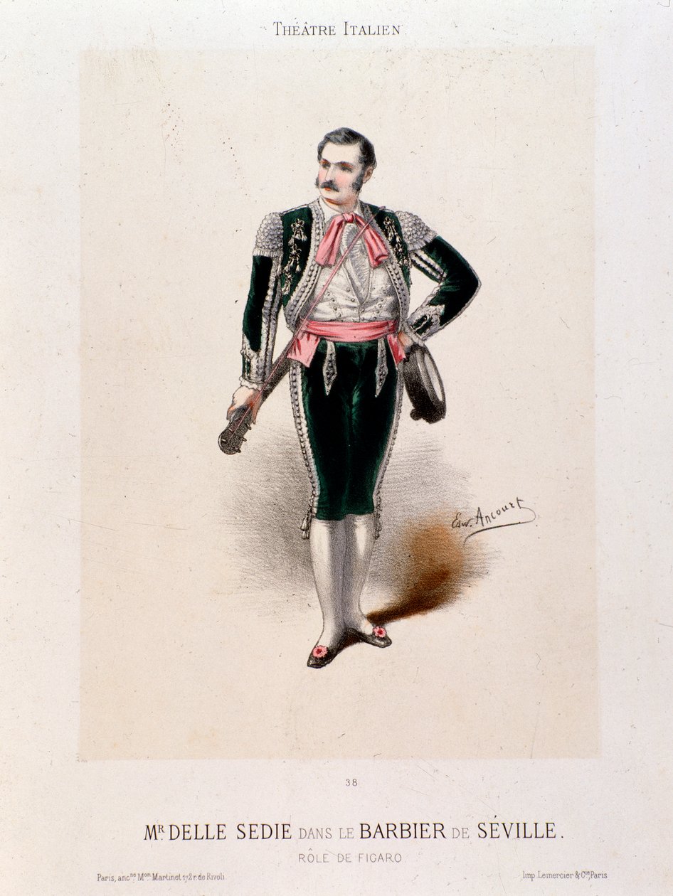 Muotokuva laulaja Enrico delle Sediasta "Sevillan parturissa", Gioachino Rossini (värinen lito) tekijältä Italian School