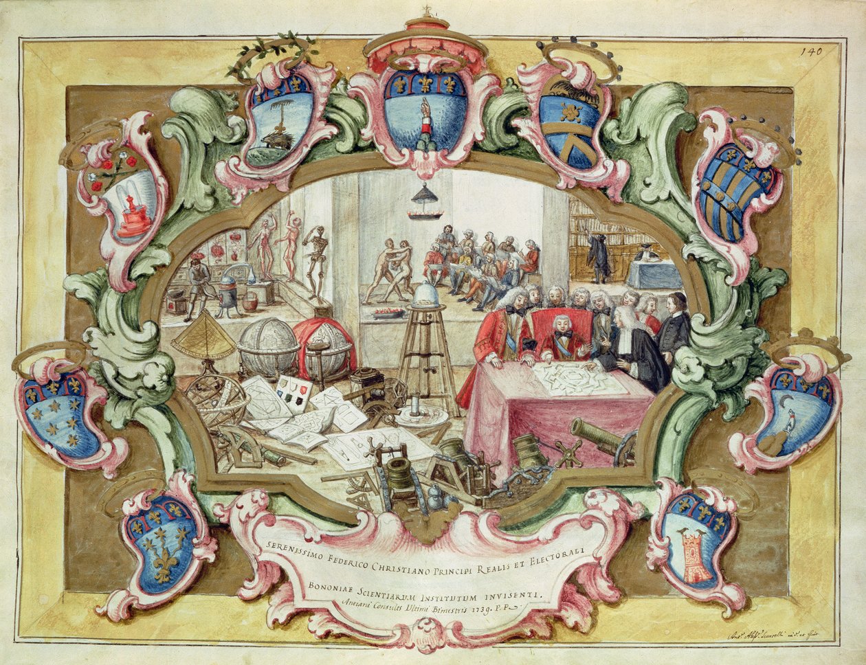 Puolan prinssi Frederick Christian vierailulla Bolognan tiedeinstituutissa vuonna 1739 (akvarelli paperille) tekijältä Italian School