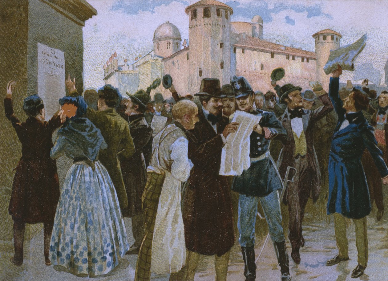 Torinon Palazzo Realea edeltävän 4. maaliskuuta 1848 pidetyn kansanäänestyksen tulosten julistus, kuva Risorgimenton historiaa käsittelevästä albumista, joka on tehty suklaa Talmonelle, 1800-luvun lopulla tekijältä Italian School