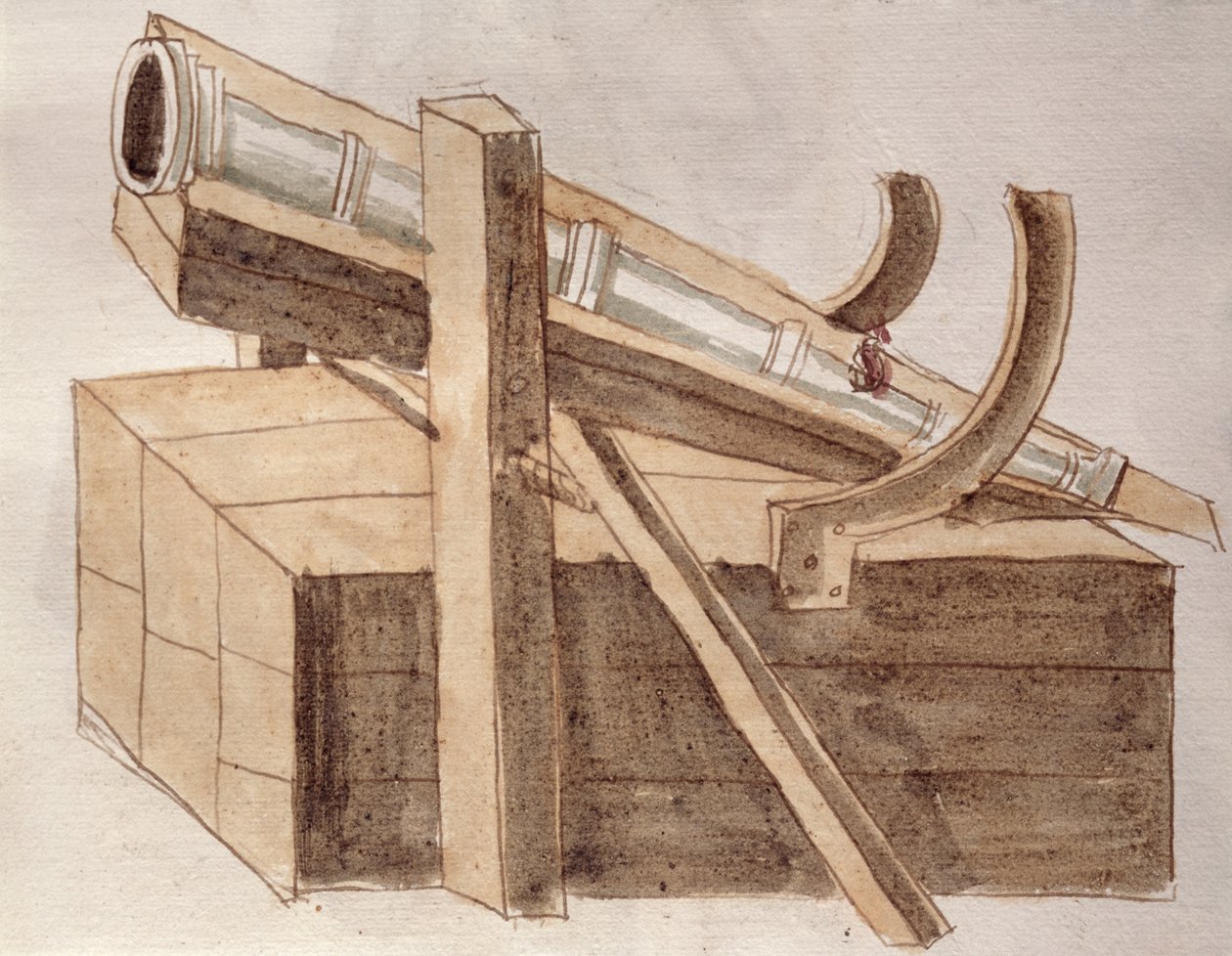 Tykkiprojekti, kuvitus Roberto Valturion (1405-75) De re Militarin teoksesta 1470 (kynä & muste ja akvarelli paperille) tekijältä Italian School