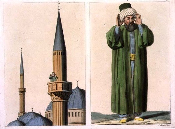 Julkinen Muezzin ja yksityiskohta, levy 37 osasta III, osa I, "The History of the Nations", kaiverrettu V. Raineri (akvatinta) tekijältä Italian School