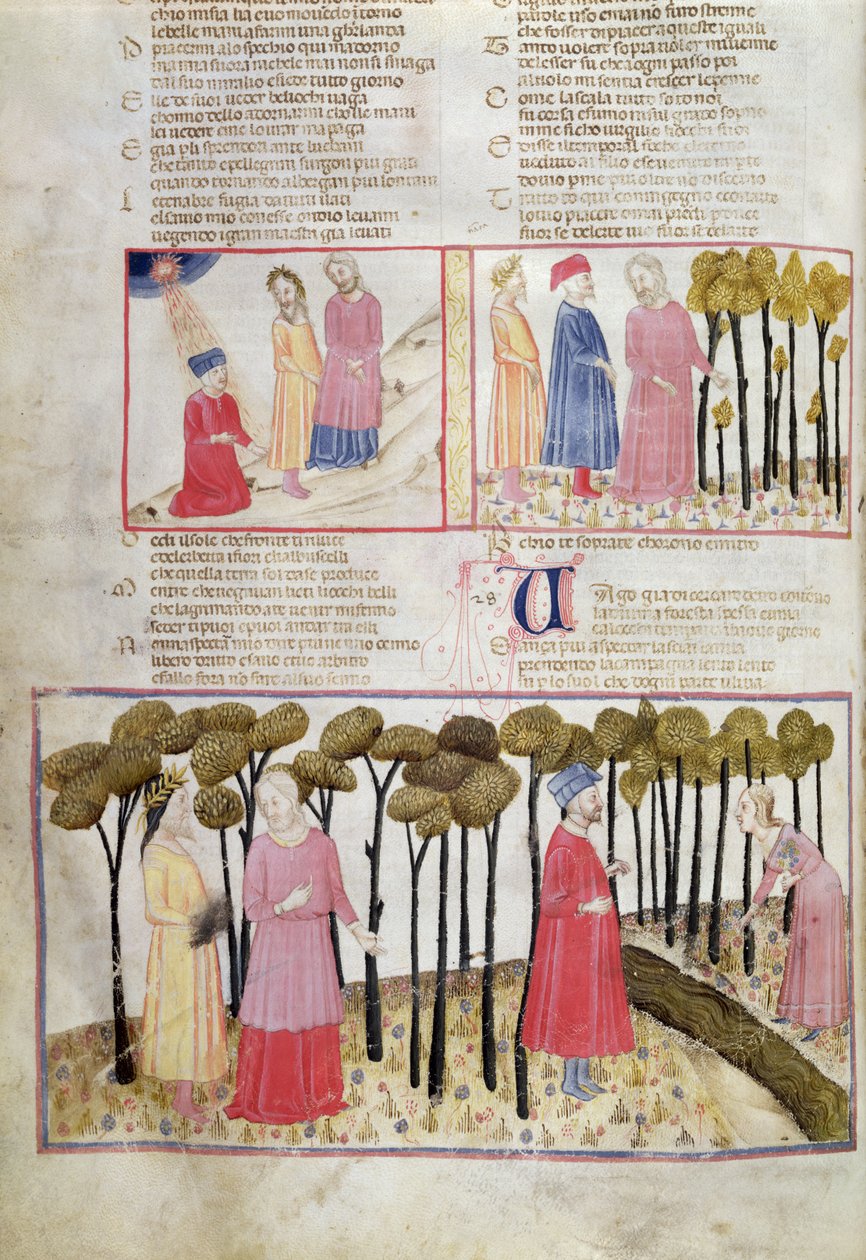 Purg.XXVIII f.47v Virgil lomallaan ja jumalallinen metsä Dante Alighierin (1265-1321) jumalallisesta komediasta tekijältä Italian School