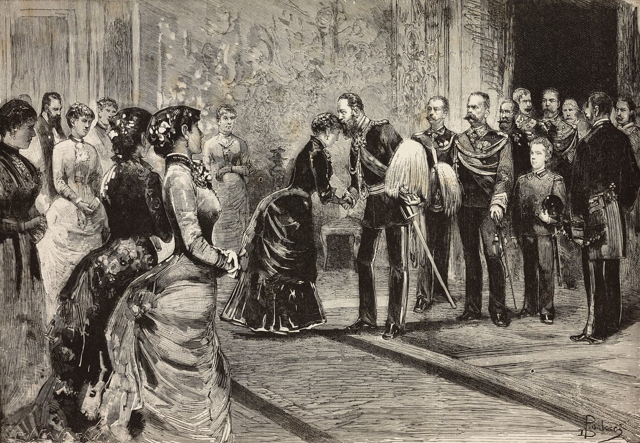 Kuningatar Margherita ja Umberto I vastaanottavat Saksan kruununprinssin (tuleva Frederick III) Quirinalessa, Roomassa, Italiassa, kaiverrus Dante Paoloccin piirustuksesta, L