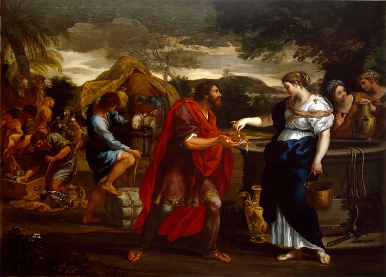 Rebecca kaivolla Cortonen koulun maalaus (1600-luku) Genes, Chiesa di San Bartolomeo Vallecaldassa tekijältä Italian School