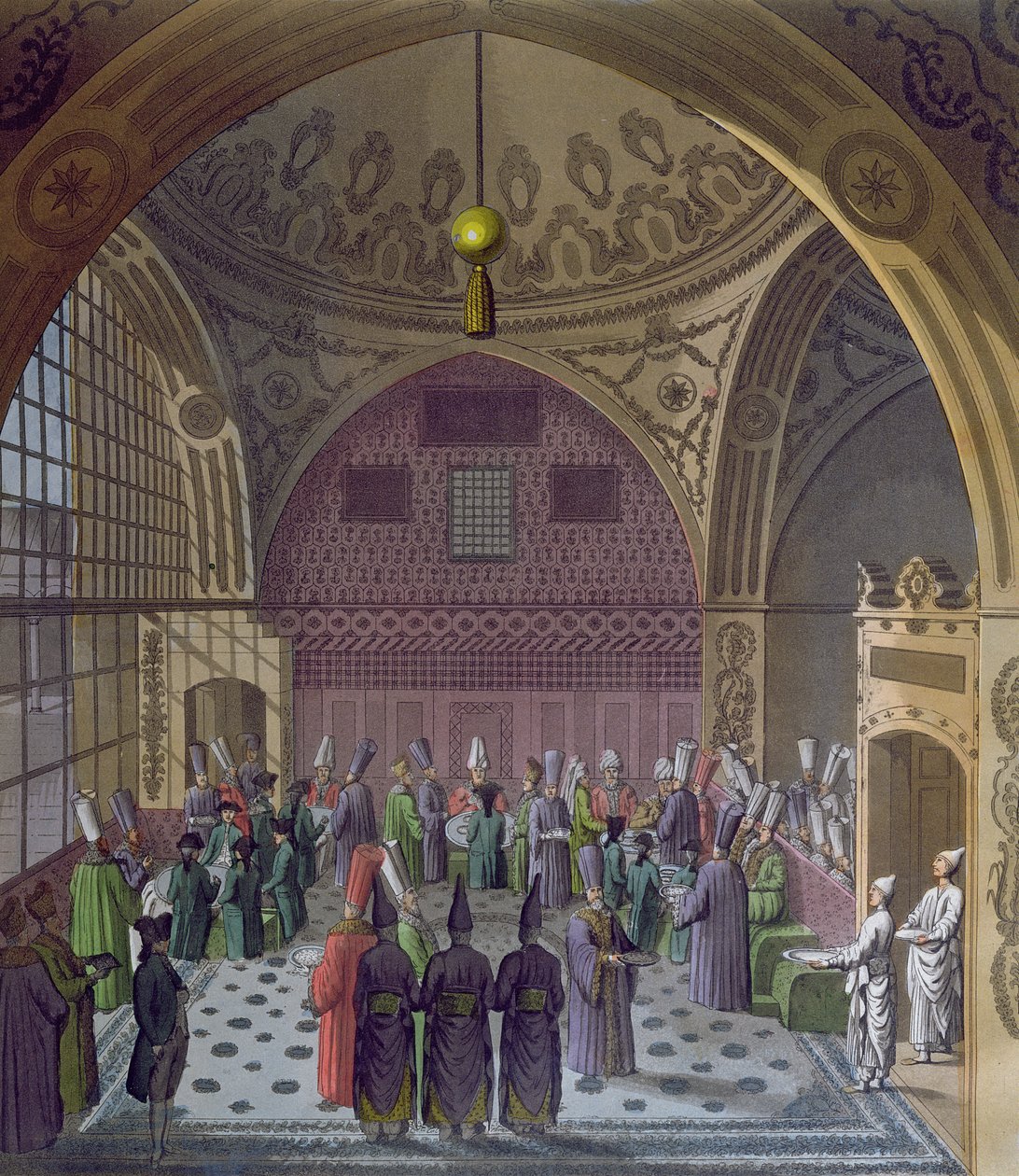 Sulttaanin suurvisiirin läntisten suurlähettiläiden vastaanotto Konstantinopolissa, n. 1820 (värikaiverrus) tekijältä Italian School