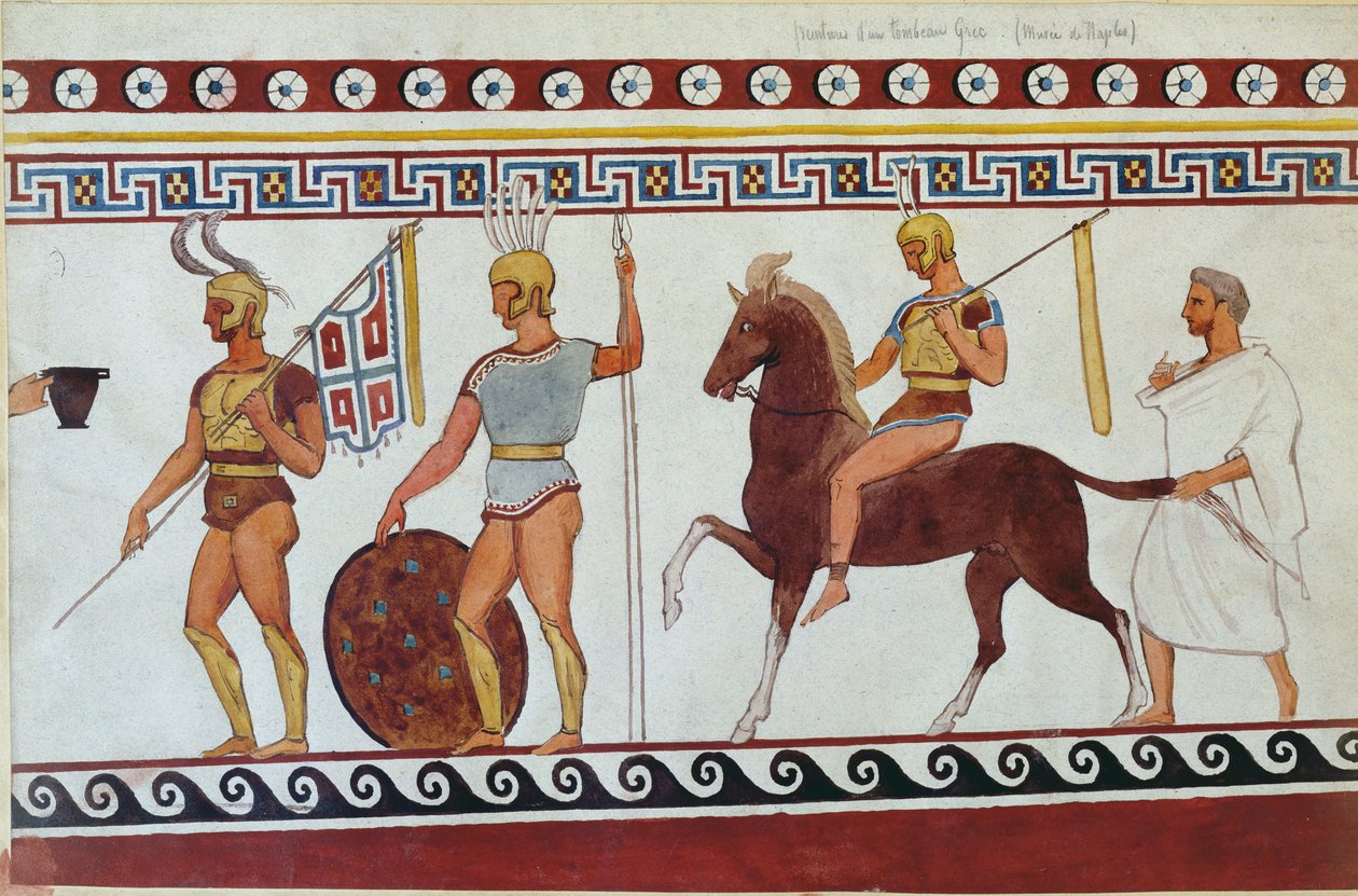 Paestumin hautamaalauksen rekonstruktio, joka kuvaa kreikkalaisia jalkasotilaita ja ratsuväkeä (katso myös 186246, 119488 & 444298) tekijältä Italian School