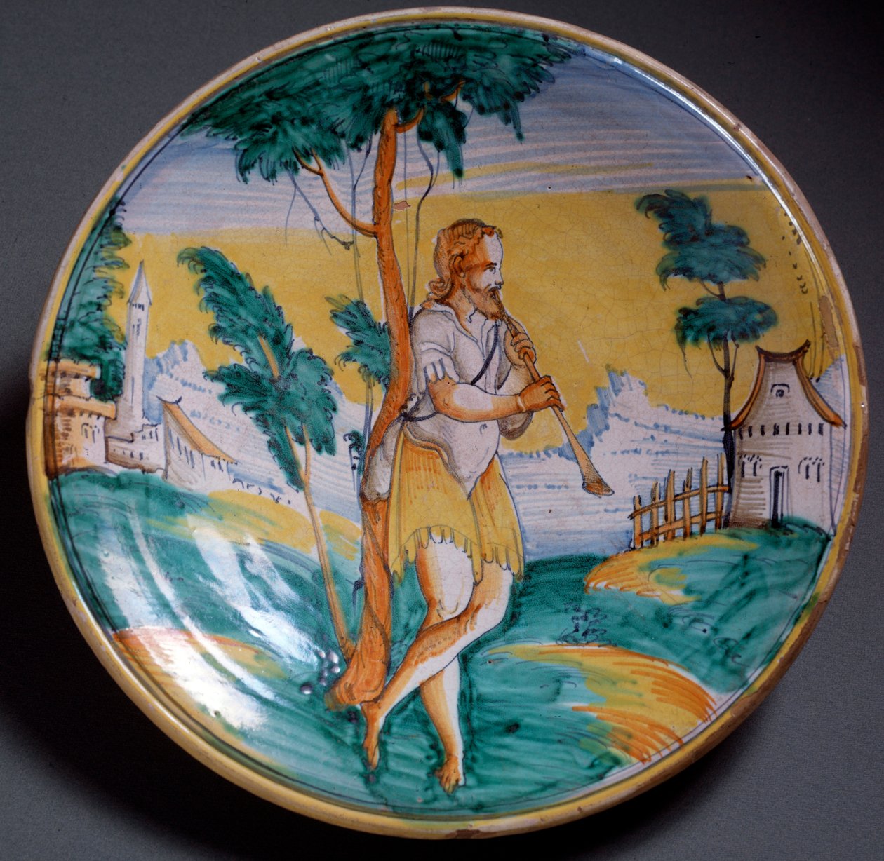 Renessanssin taide: huilusoittimen (huilusoittimen) levysisustus - 1500-luvun loppu Viterbon tuotanto (Viterbo), Italia Firenze, Museo Nazionale del Bargello tekijältä Italian School
