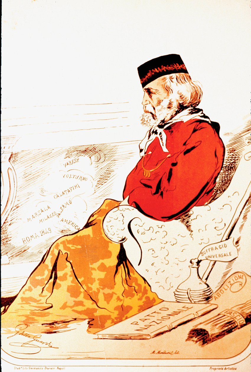 Risorgimenton sankarien ja italialaisen patriootin Giuseppe Garibaldin (1807-1882) parlamentaarisen oikeuden jäsenten edustus vuonna 1874. Piirustus. Rooma, Museo del Risorgimento tekijältä Italian School