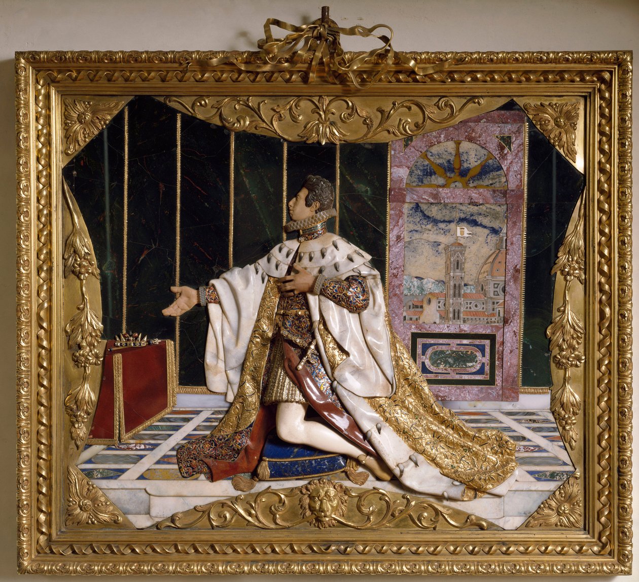 Cosimo II de Mediciksen (1590-1621) (Cosimo II de Medici), Toscanan suurherttua (Cosimo II of Medici, Toscanan suurherttua) esitys, korkea kohokuvio veistetyistä kivistä, kultaa ja briljanttia (Korkea reliefi) 1617-1624 Firenze , Museo degli Argenti, kissa tekijältä Italian School
