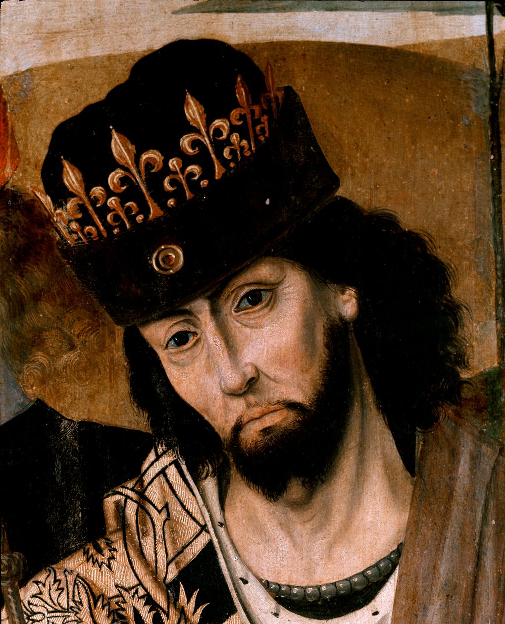 Edustaa Robert I Anjousta (1278-1343), Sisilian kuningasta ja Guelf Party Detailin johtajaa. Napolilaisen koulun maalaus. 1400-luvun loppu. Napoli, Museo Nazionale di Capodimonte tekijältä Italian School