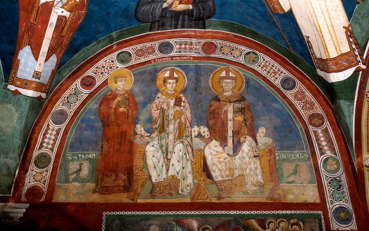 Pyhän Stefanuksen, kristittyjen marttyyrien, Pyhän Thomas Becketin (1118-1170), Canterburyn arkkipiispa ja Myran tai Barin Pyhän Nikolauksen (270-345) edustus Anonyymi fresko (1200-luku) Alakirkko. Pyhän Benedetton luostari (Sacro Speco), Subiaco (Room tekijältä Italian School