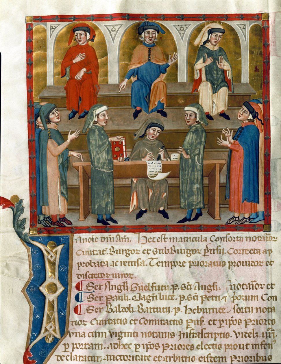 Notaariopintotoimiston esitys Sivu otettu Matricola del Consorzio dei Notai di Perugiasta (ms. 972) (Notaarien ritarikunnan rekisteri) 1343-1354 Perugia, Biblioteca Comunale Augusta tekijältä Italian School