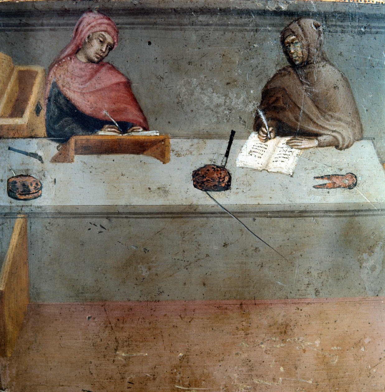 Camerlingvistin, kopioijan avustajan esitys Anonyymi maalaus Bicchernan puulle (Sienan kaupungin kirjanpitorekisterin kansi) 1388. Siena Archivio di Stato, Italia tekijältä Italian School