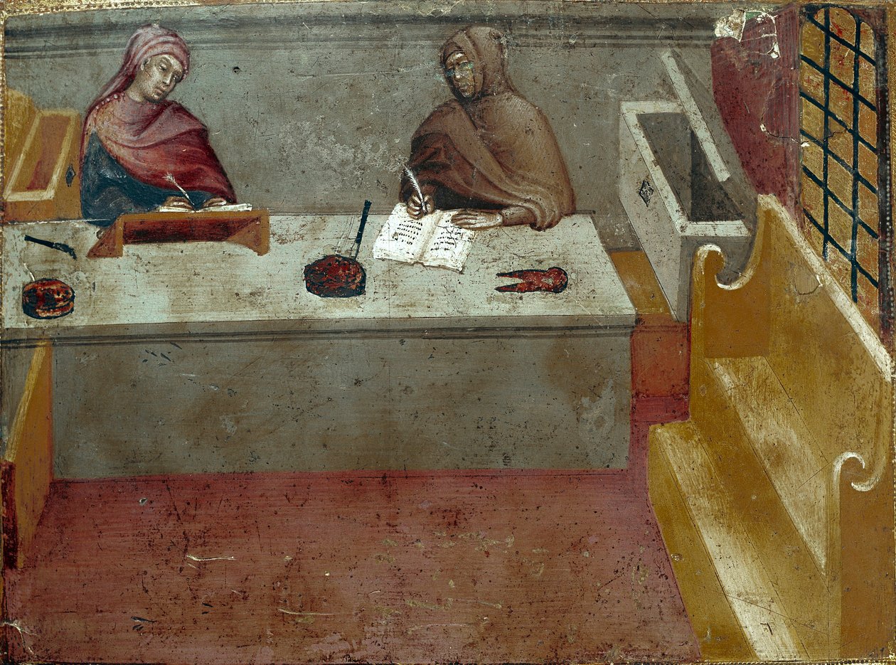 Camerlingvistin, kopioijan avustajan esitys Anonyymi maalaus Bicchernan puulle (Sienan kaupungin kirjanpitorekisterin kansi) 1388. Siena Archivio di Stato, Italia tekijältä Italian School