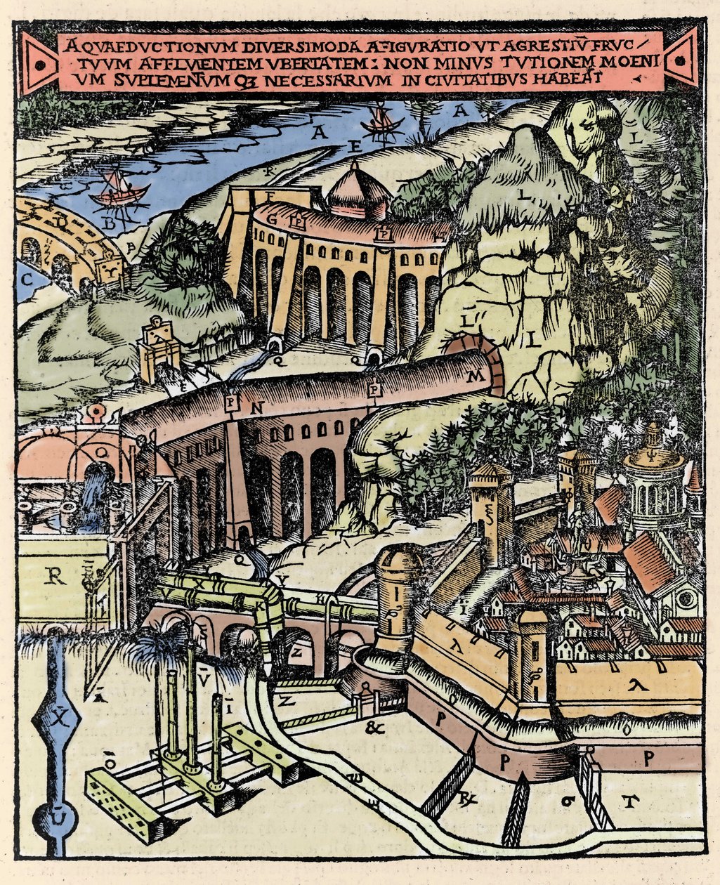 Vesijohdon esitys. Värikaiverrus Vitruvan kirjasta "" De Architectura" (1. vuosisata eKr.) - Gottardo da Ponten painos, Come tekijältä Italian School