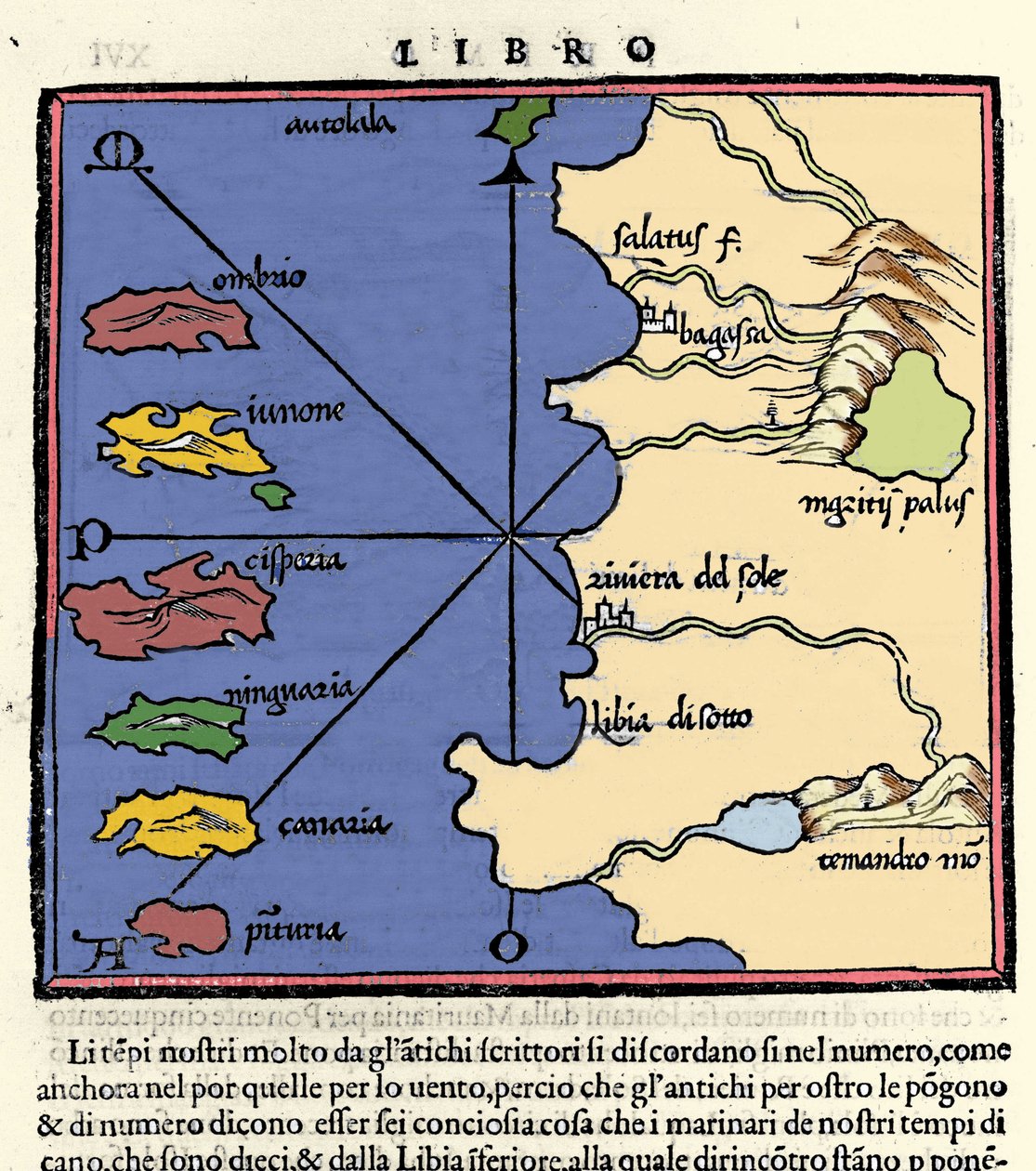 Kanariansaarten edustus. Isolario (saarten kartta), kirjoittanut Benedetto Bordone. Venetsia 1547 tekijältä Italian School