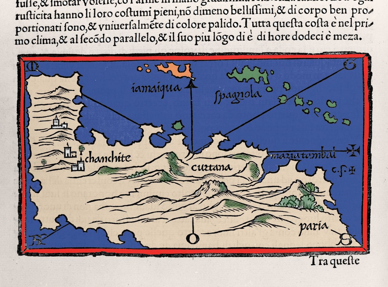 Karibian saarten ja Venezuelan rannikoiden edustus. Isolario (saarten kartta), kirjoittanut Benedetto Bordone. Venetsia 1547 tekijältä Italian School