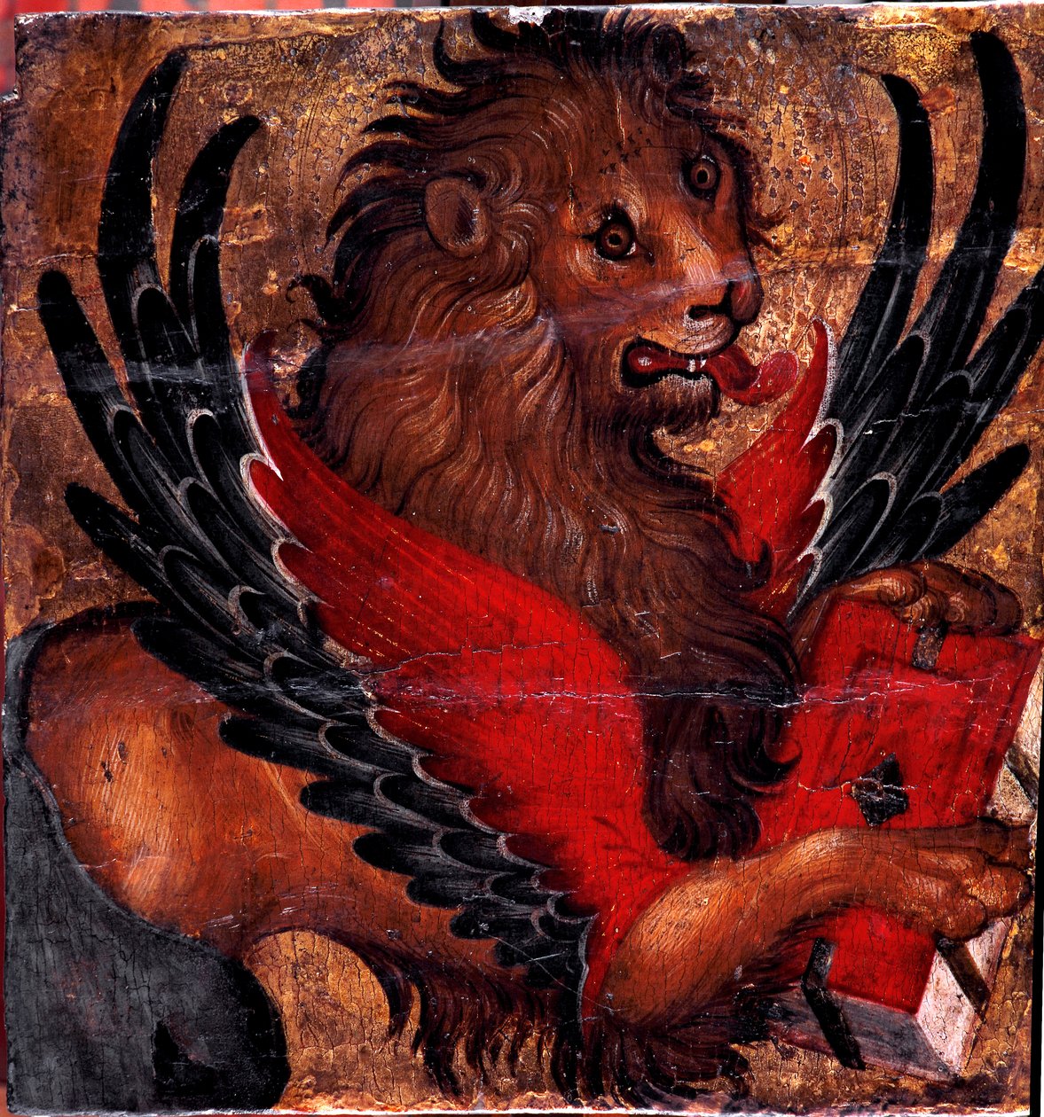 Pyhän Markuksen leijonan esitys. Venetsialaisen taiteilijan maalaus puulle. 1500-luvun aurinko. 34x34 cm Venetsia, Museo Correr tekijältä Italian School