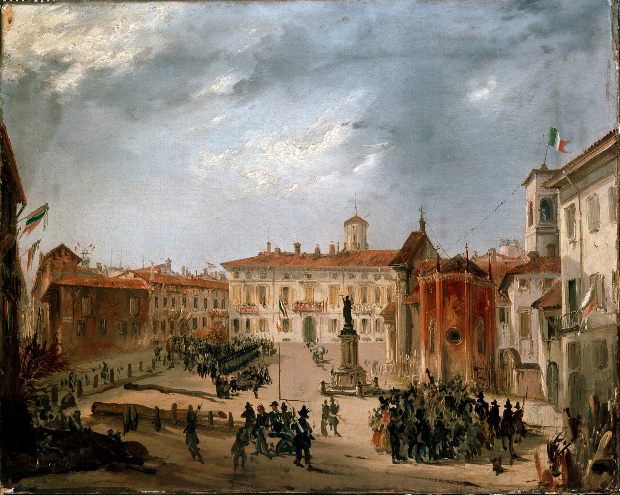 Vuoden 1848 vallankumoukset, Milanon viisi päivää: itävaltalaisia vankeja Borromeon aukiolla 20. maaliskuuta (maalaus tekijältä Italian School
