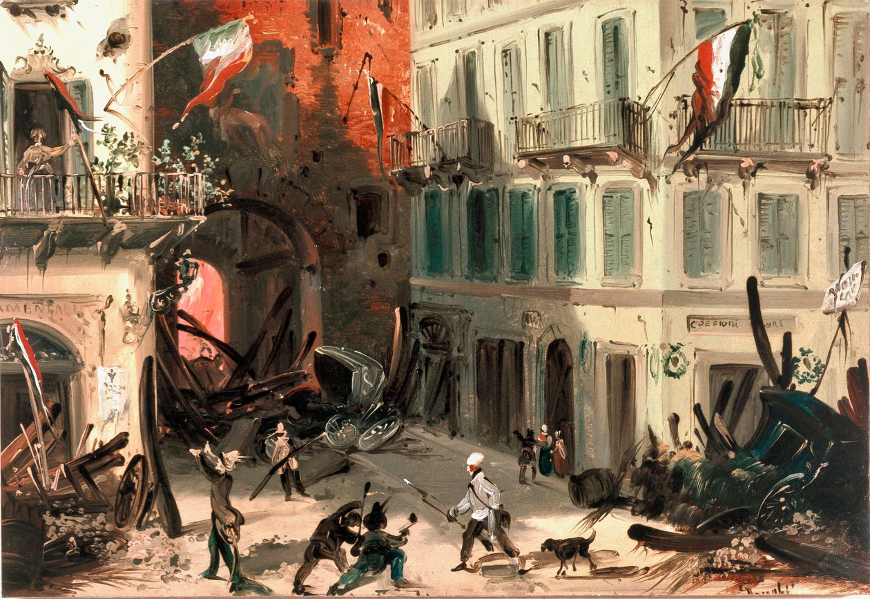 Vuoden 1848 vallankumoukset, Milanon viisi päivää: barrikadit lähellä Pusterla Beatrice -porttia 22. maaliskuuta (maalaus tekijältä Italian School