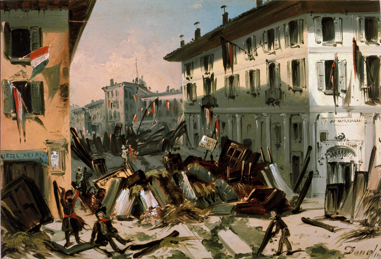 Vuoden 1848 vallankumoukset, Milanon viisi päivää: Barrikadit Corso de porta Vercellinalla 22. maaliskuuta (maalaus tekijältä Italian School