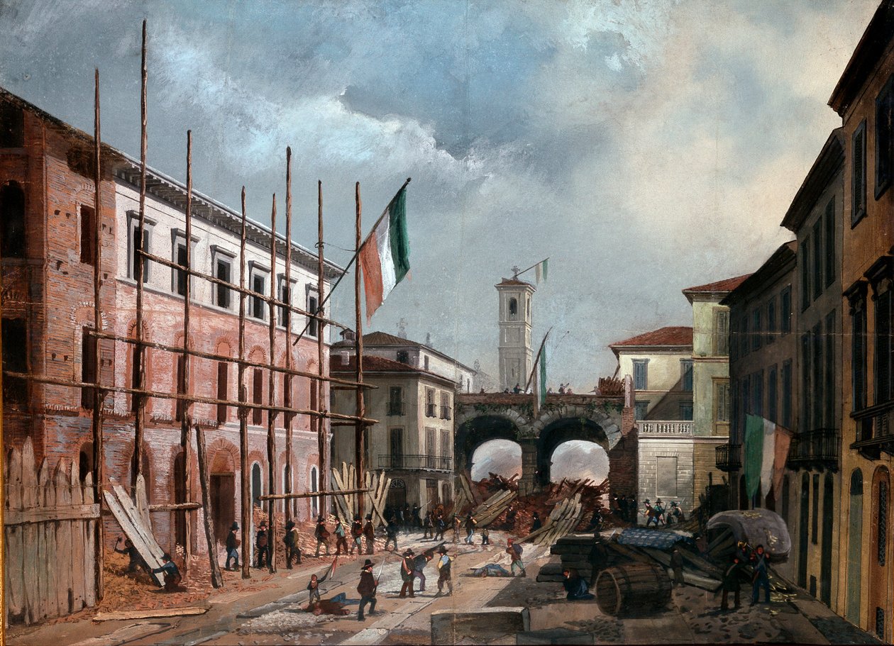 Vuoden 1848 vallankumoukset, Milanon viisi päivää: Porta Nuovan kaaren puolustaminen 19. maaliskuuta (maalaus tekijältä Italian School