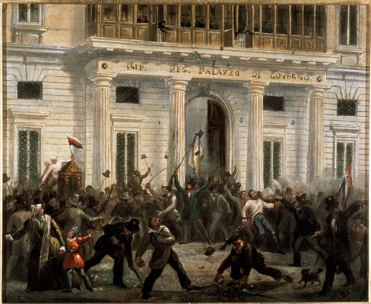 Vuoden 1848 vallankumoukset, viisi päivää Milanossa: kapinalliset valtaavat hallituksen palatsin 18. maaliskuuta (maalaus tekijältä Italian School