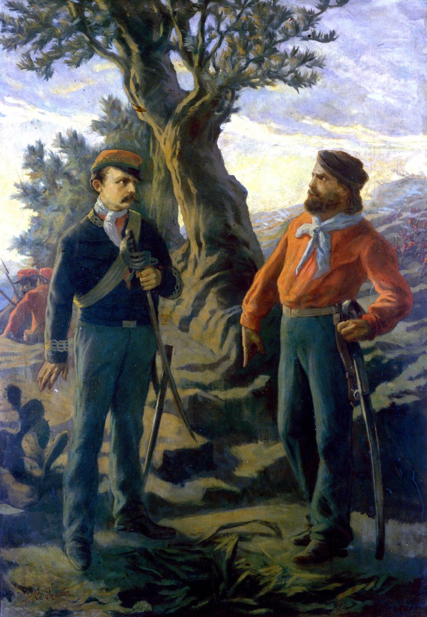 Risorgimento: Gerolamo Bixio soitti Nino Bixiolle (1821-1873) ja Giuseppe Garibaldille (1807-1882) Calatafimin taistelussa Sisiliassa 15.5.1860. Garibaldi julistaa Bixiolle, joka ehdottaa, että tämä vetäytyisi: "" Mitä sanot Bixio? Täällä rakennetaan Itali tekijältä Italian School