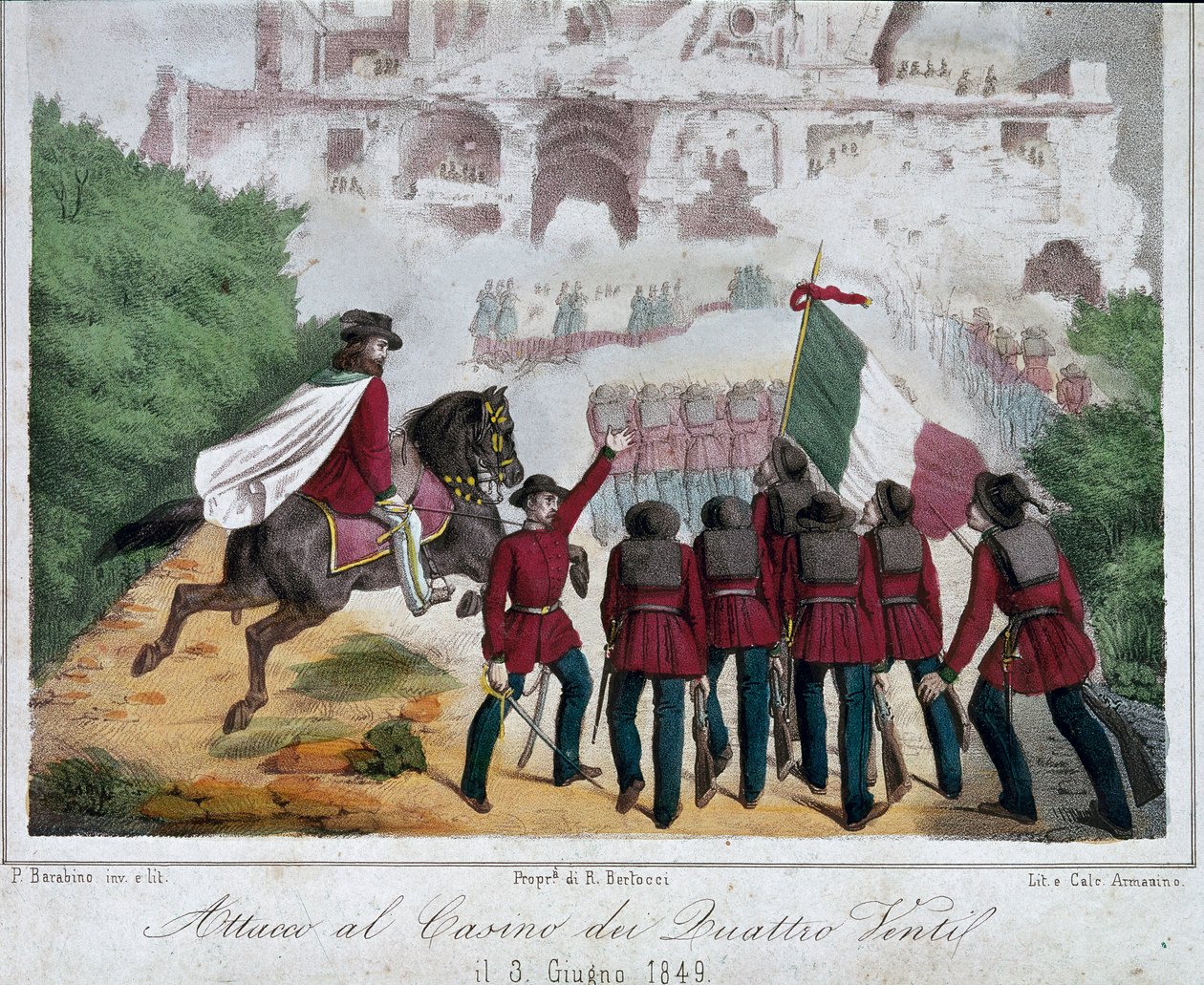 Risorgimento, Rooman tasavalta (Repubblica romana): Giuseppe Garibaldin armeijan sotilaat hevosten selässä yrittävät valloittaa Quattro Ventin huvilan Roomassa 3.6.1849. Litografia Rooman National Museum of the Risorgimento tekijältä Italian School