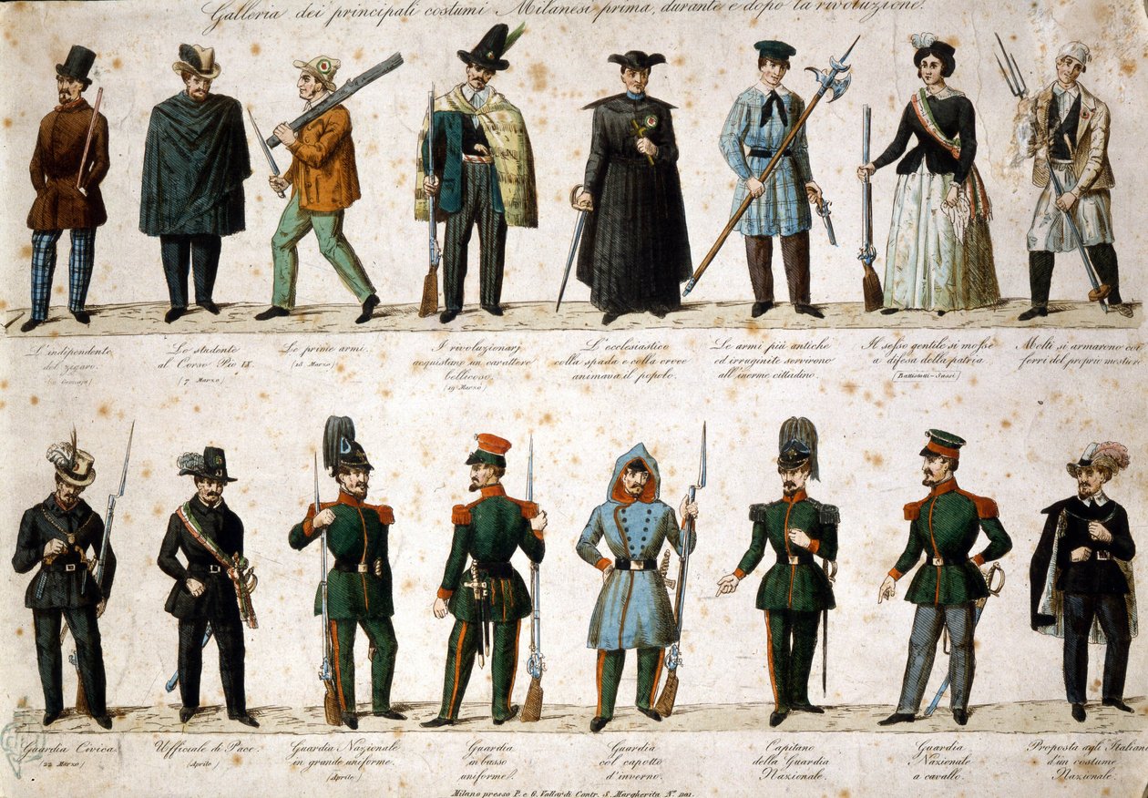 Risorgimento: Milanon viisi päivää (Cinque giornate di Milano) (18.-22. maaliskuuta 1848): tämä on yksi ensimmäisistä jaksoista vuoden 1848 vallankumouksista (osa Italian ensimmäistä itsenäisyyssotaa), jossa Milano nousi. väestö kapinallista vastaan tekijältä Italian School