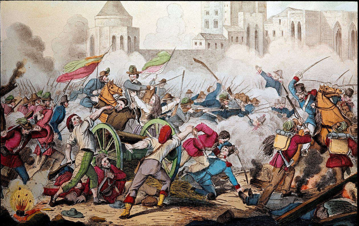 Risorgimento: Palermon taistelut 26. toukokuuta 1860. Tuhannen retkikunta (punaiset paidat). Giuseppe Garibaldi (1807-1882) Palermon ja kapinallisten välillä liittyi hänen kanssaan taistelemaan Napolin Bourbon-valtakunnan sotilaita vastaan. Kaiverrus 19. v tekijältä Italian School