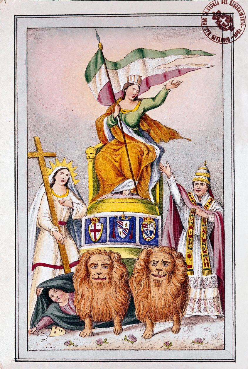 Risorgimento: paavin propagandajuliste sanoo: "Italialla on usko ja paavi Pius (Pio) IX" Litografia 1800-luvulta Museo del Risorgimento, Rooma tekijältä Italian School