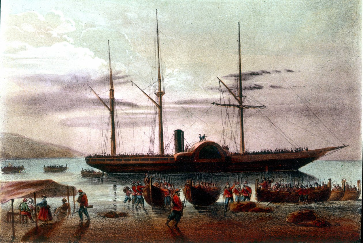 Risorgimento: Giuseppe Missorin, Giuseppe Garibaldin armeijan upseerin (1807-1882) lähtö 8.8.1860 Messinan detroitissa kohti Villa San Giovannin linnoitusta. Kuva 1800-luvulta tekijältä Italian School