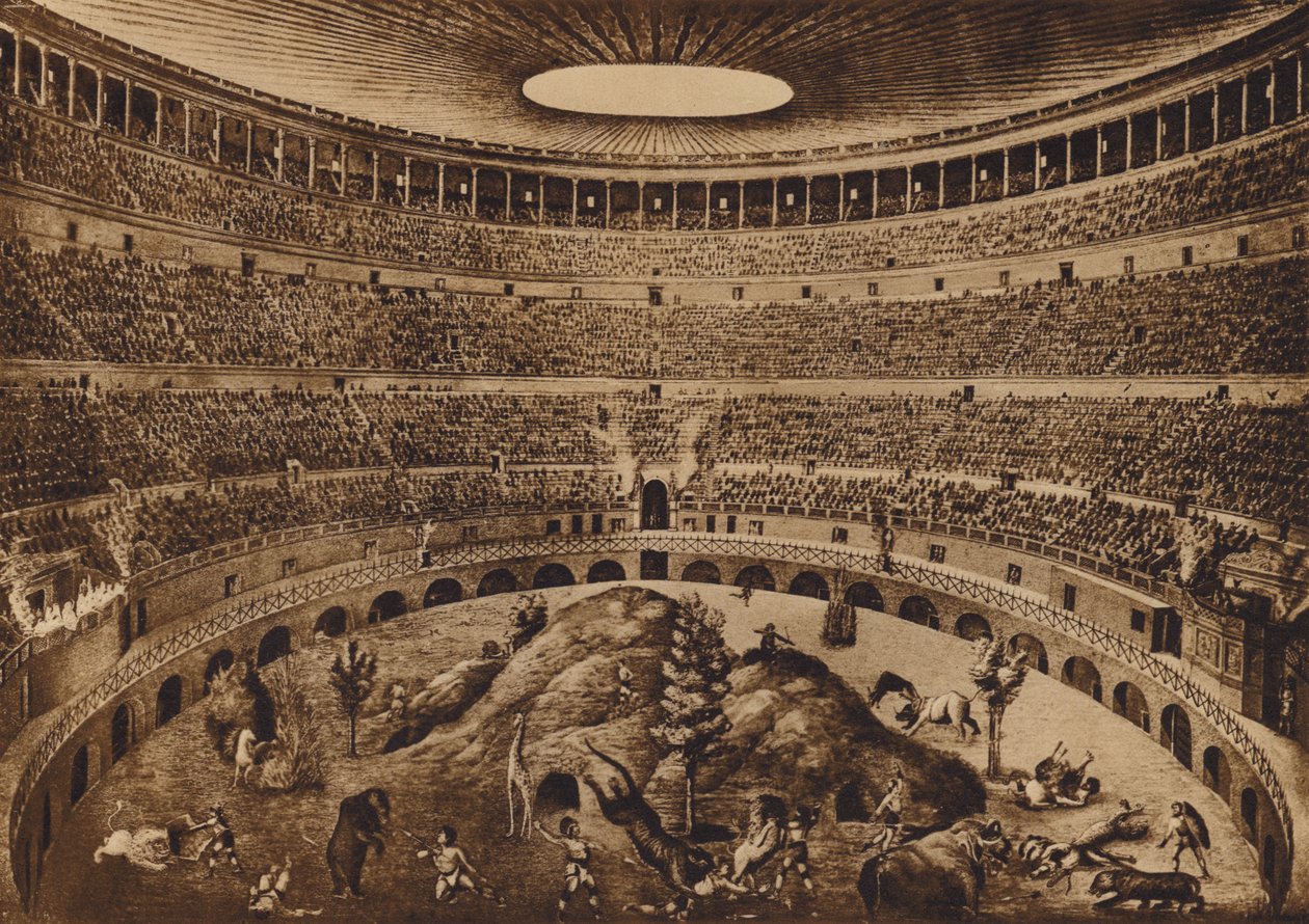 Roma / Rooma: Colosseumin sisätilat, messujen metsästys, historiallinen rekonstruktio (litografia) tekijältä Italian School