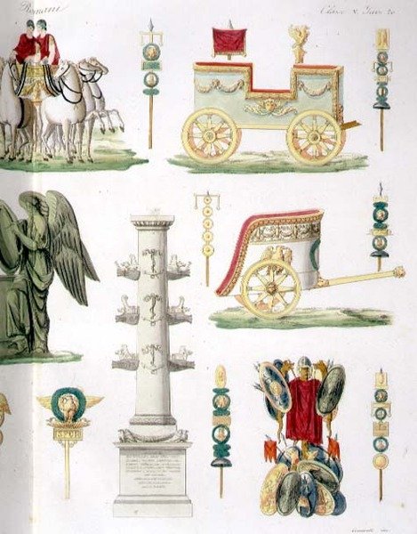 Roomalaiset vaunut, palkinnot ja sotilasmonumentit, yksityiskohta levystä 20, luokka 5 "Kansakuntien historian" osan I osasta, kaiverrettu Marco Comirato (n. 1800-69) (akvatinta) (katso myös 93290) tekijältä Italian School