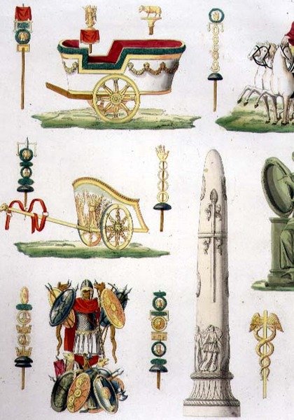 Roomalaiset sotavaunut, palkinnot ja sotilasmonumentit, "Kansojen historian" osan I osan luokan 5 levyn 20 yksityiskohta, kaiverrus Marco Comirato (n. 1800-69) (akvatinta) (katso myös 93291) tekijältä Italian School