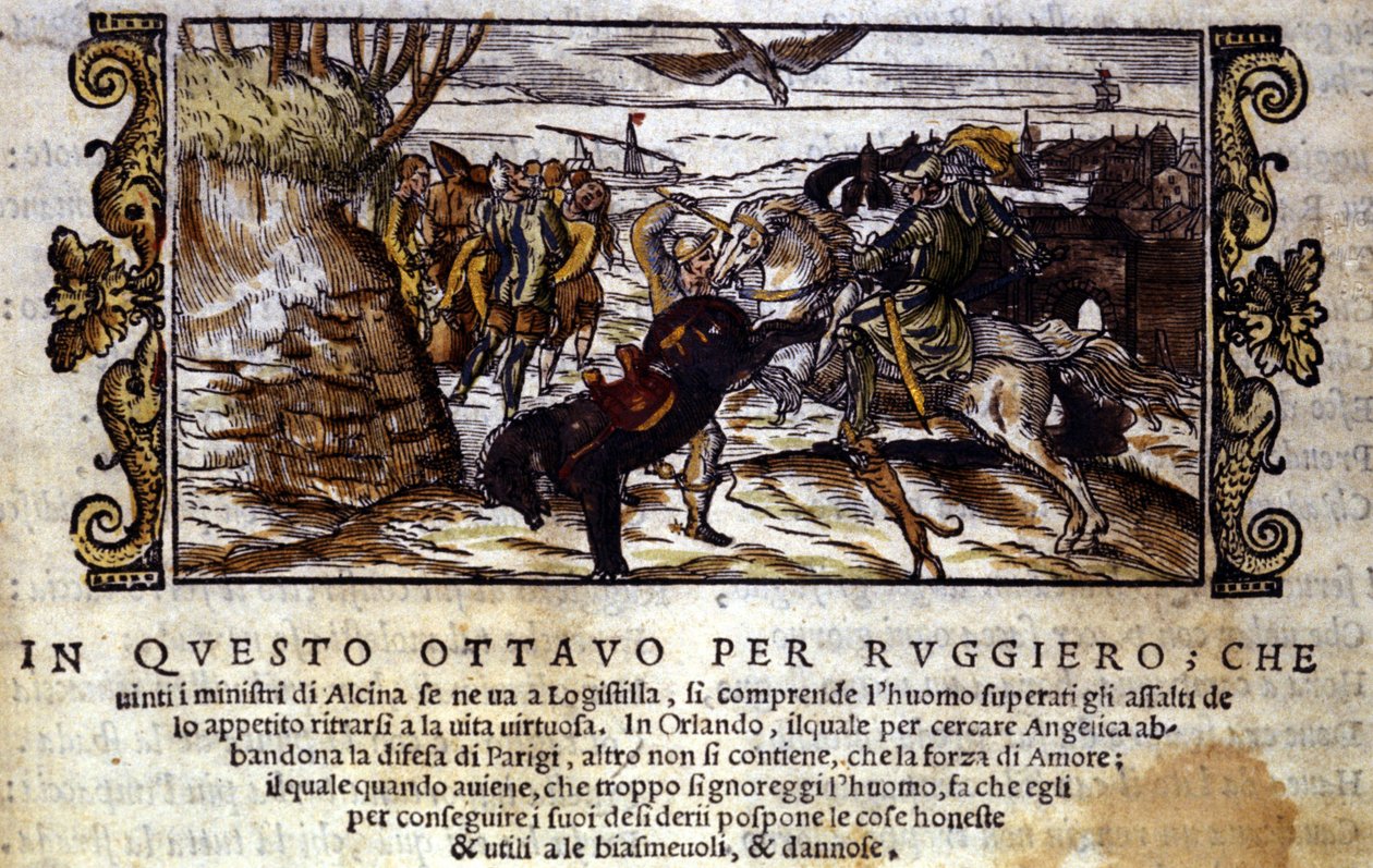 Ruggiero onnistuu pakenemaan Alcinan saarelta ja pelastaa myöhemmin Angelican örkistä - Ludovico Arioston ritarillisen runon "Orlando Furioso" kohtaus tekijältä Italian School