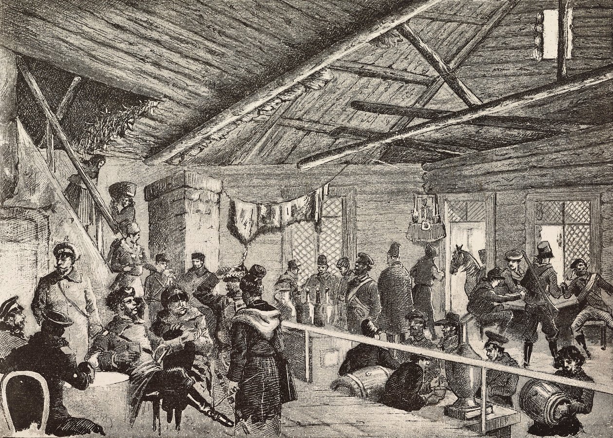Venäläisiä sotilaita tavernassa lähellä Varsovan linnoituksia, Puola, kaiverrus Fritzmannin luonnoksesta, L