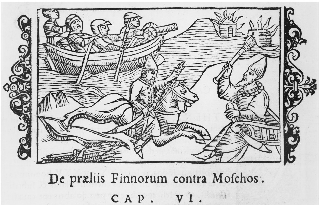 Venäläiset ja suomalaiset taistelevat, kuvitus Olaus Magnuksen (1490-1558) pohjoisten kansojen historiasta, julkaistu Roomassa, 1555 tekijältä Italian School