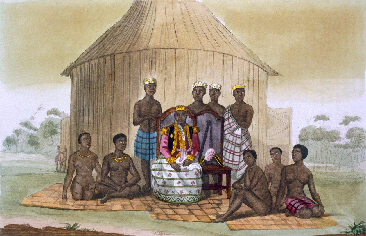 Saba eli hallitsija aatelisten ja vaimonsa kanssa, Länsi-Afrikka, noin 1820-30-luvut tekijältä Italian School