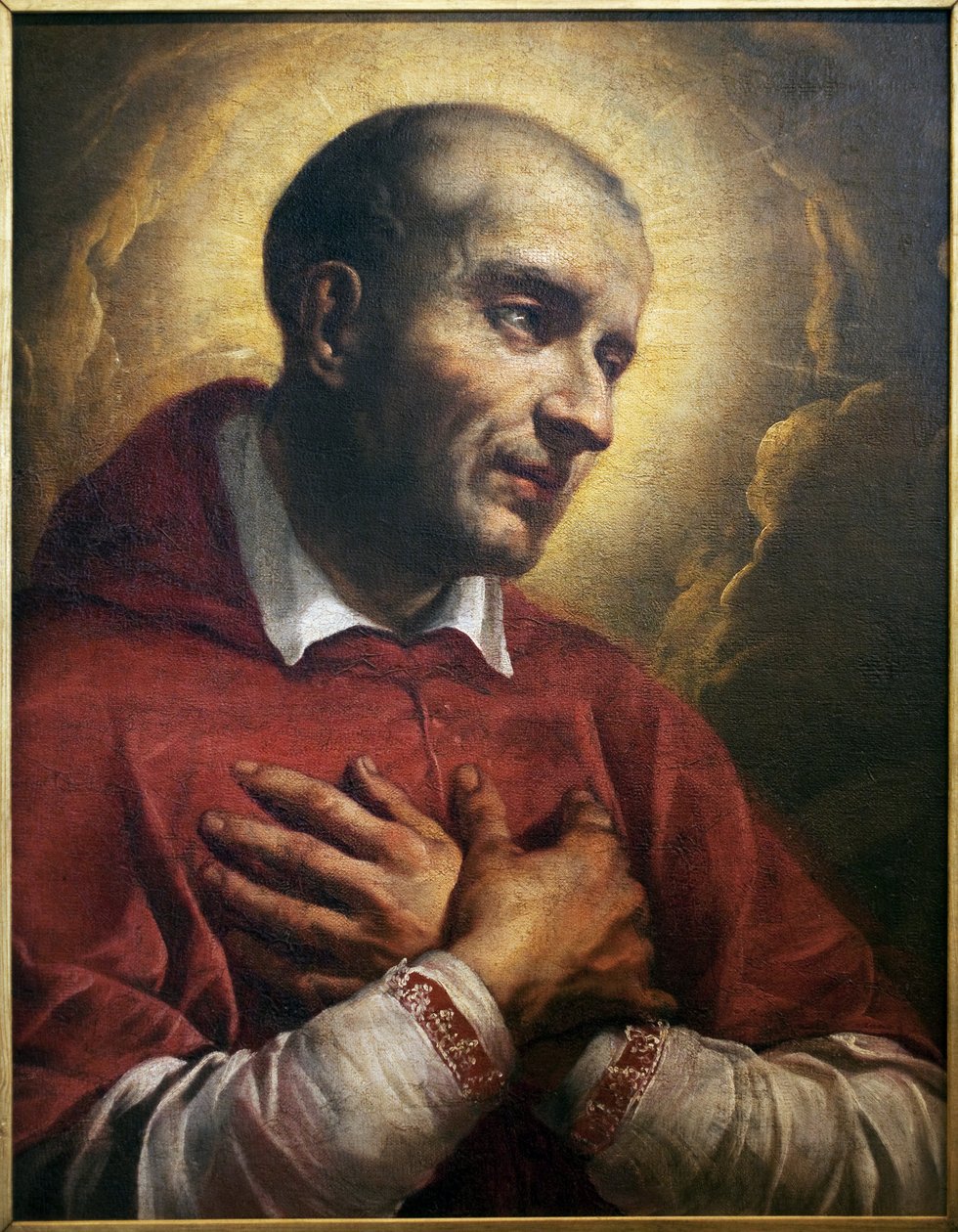 Saint Charles Borromee (1538-1584). (San Carlo Borromeo) Fragmentti nimettömästä Napolin maalauksesta (Italia), öljy kankaalle 1600-luvulta. Kuvataidemuseo Angersissa. tekijältä Italian School