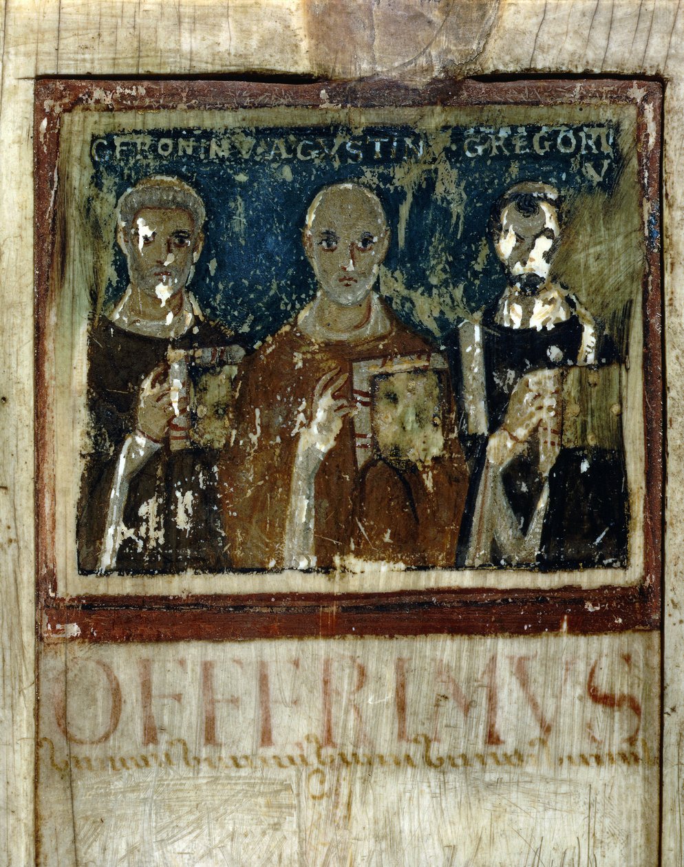 Saint Jerome, Saint Augustine (354-430) ja Saint Gregoire I Suuri (540-604), Yksityiskohta Boecen diptyykistä, n. 487 (pienikokoinen norsunluu) tekijältä Italian School